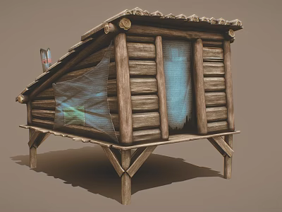 Wooden Log Cabin With Tiled Roof Windows And Torn Mesh Elevated On Wooden Legs 3d model