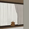 Beige And White Window Curtains With Sheer Layers And Brown Bag On Window Sill