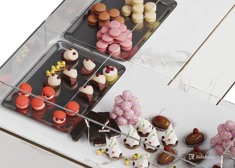 Delicious Dessert Shop Display Case With Assorted Macarons Cupcakes And Chocolates 3d model 