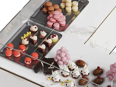Delicious Dessert Shop Display Case With Assorted Macarons Cupcakes And Chocolates 3d model