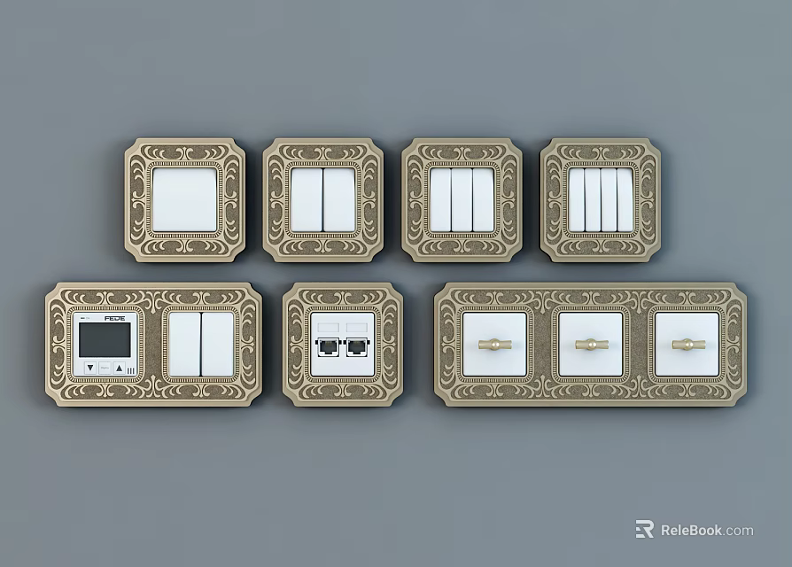 Decorative Gold Border Switch Panels With Ornate Patterns And Various Controls 3d model 