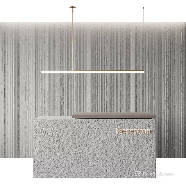 Modern Reception Desk Interior With Textured Surface Striped Wall And Long Pendant Light 3d model 