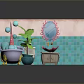 Bathroom Interior With Blue Tiles Pink Walls Bathtub Toilet Sink Mirror Plant And Pink Rug