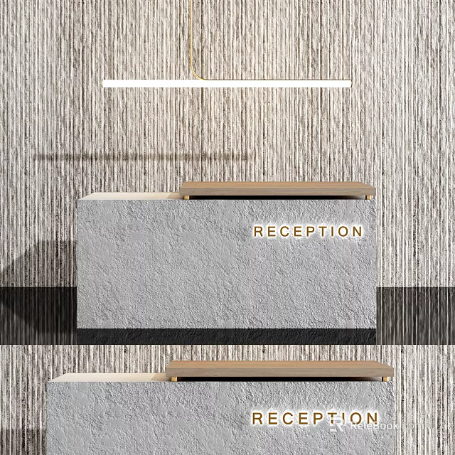 Gray Stone Reception Desk With Wooden Top Striped Wall And Hanging Pendant Light 3d model 