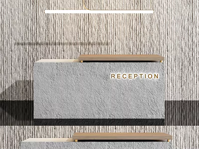 Gray Stone Reception Desk With Wooden Top Striped Wall And Hanging Pendant Light 3d model