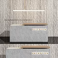 Gray Stone Reception Desk With Wooden Top Striped Wall And Hanging Pendant Light