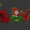Ornate Red Sofa And Coffee Table Set With Armchair Table Lamp And Decorative Details
