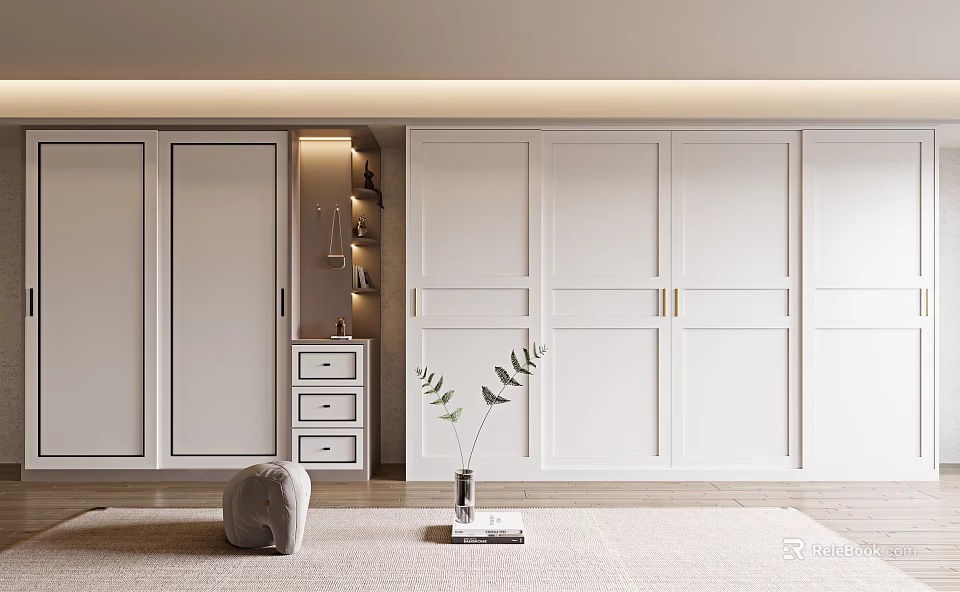 Modern White Wardrobe Interior Design With Sliding Doors Brass Handles Dresser And Potted Plant 3d model 