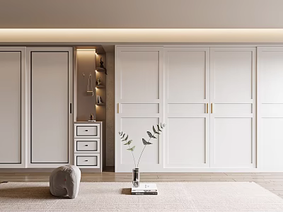 Modern White Wardrobe Interior Design With Sliding Doors Brass Handles Dresser And Potted Plant 3d model