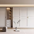 Modern White Wardrobe Interior Design With Sliding Doors Brass Handles Dresser And Potted Plant
