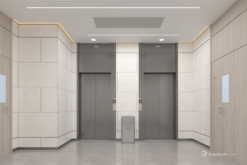 Elegant Modern Elevator Lobby With Marble Walls And Grey Floor Design 3d model