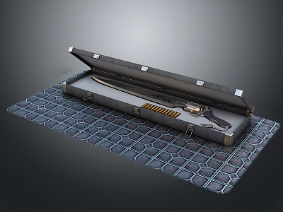 Weapons In Open Case With Sword And Gun On Grid Patterned Mat 3d model