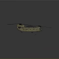 Military Khaki Twin Rotor Helicopter Flying With Rotating Rotors Against Grey Background