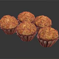Six Golden Freshly Baked Muffins With Crunchy Topping On Dark Surface