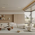 Modern Living Room Interior With Beige Sofa Coffee Table And Bookshelves