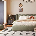 Elegant Bedroom Interior Design With Green Upholstered Bed Chandelier And Black White Rug