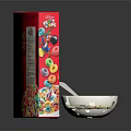 Colorful Breakfast Cereal in White Bowl with Spoon and Red Packaging Box