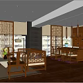 Traditional Chinese Tea House Interior With Wooden Furniture And Lattice Windows