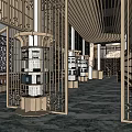 Modern Chinese Teahouse With Wooden Structures Carved Lattice Windows Marble Flooring And Circular Display Cabinets