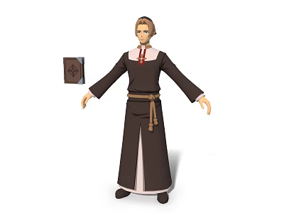 Man Wearing Long Dark Robe With Belt Holding Decorative Book In Hand 3d model