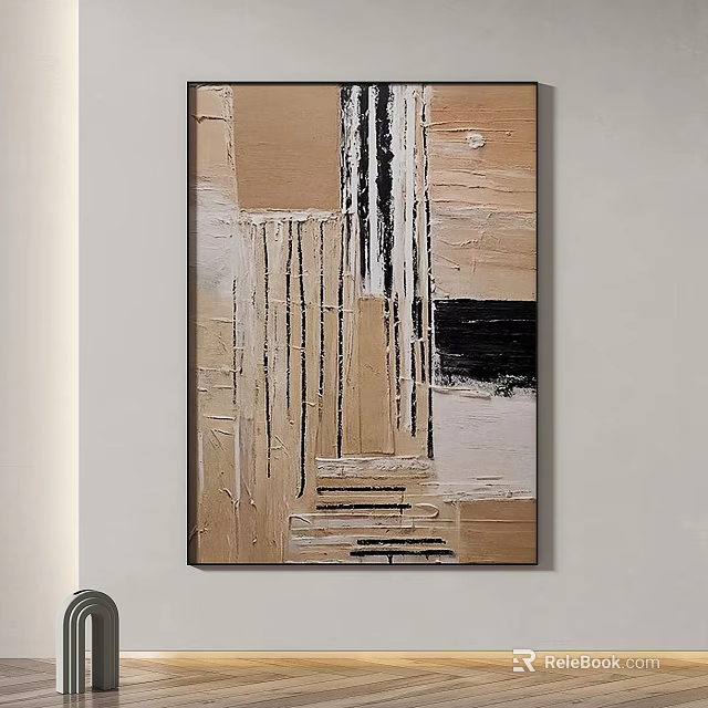 Textured Abstract Painting With Beige Black White Lines And Modern Wall Art 3d model 