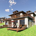 Semi Detached Villa Modern Exterior Design With Large Windows Wooden Deck Lawn And Greenery