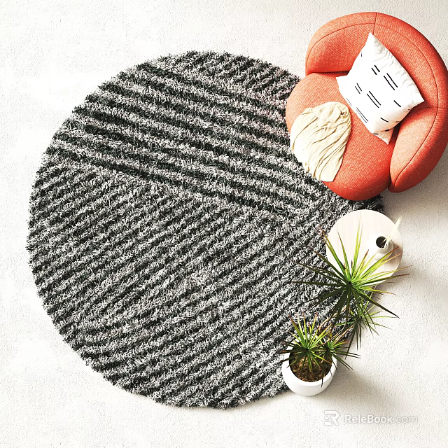 Gray Textured Round Rug With Orange Chair Pillow Blanket And White Planter Green Plant 3d model 