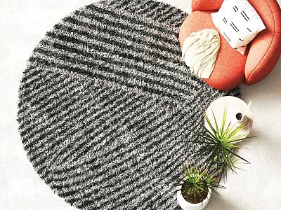 Gray Textured Round Rug With Orange Chair Pillow Blanket And White Planter Green Plant 3d model