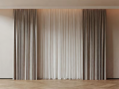 Elegant Layered Curtains In Neutral Tones With Sheer Panel For Modern Interior 3d model
