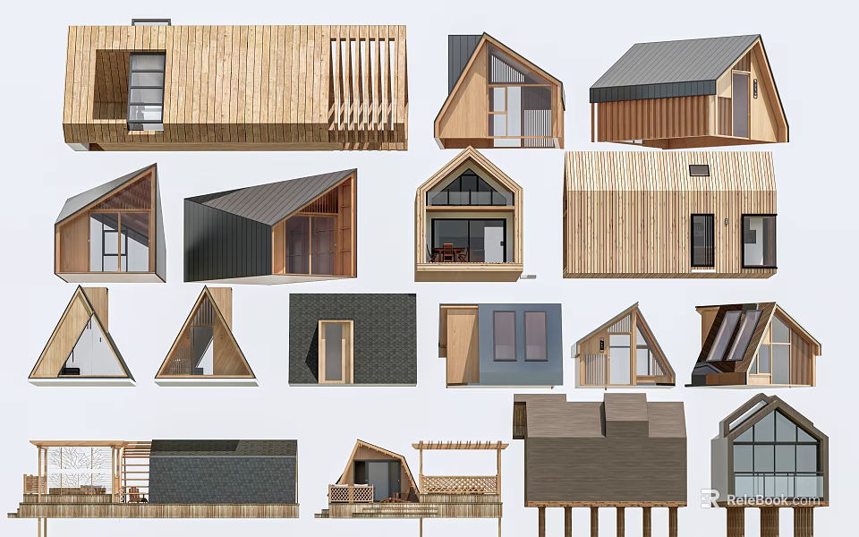 Various Boutique Guesthouse Architecture Designs Featuring Triangular Roofs Wooden Facades And Modern Windows 3d model 
