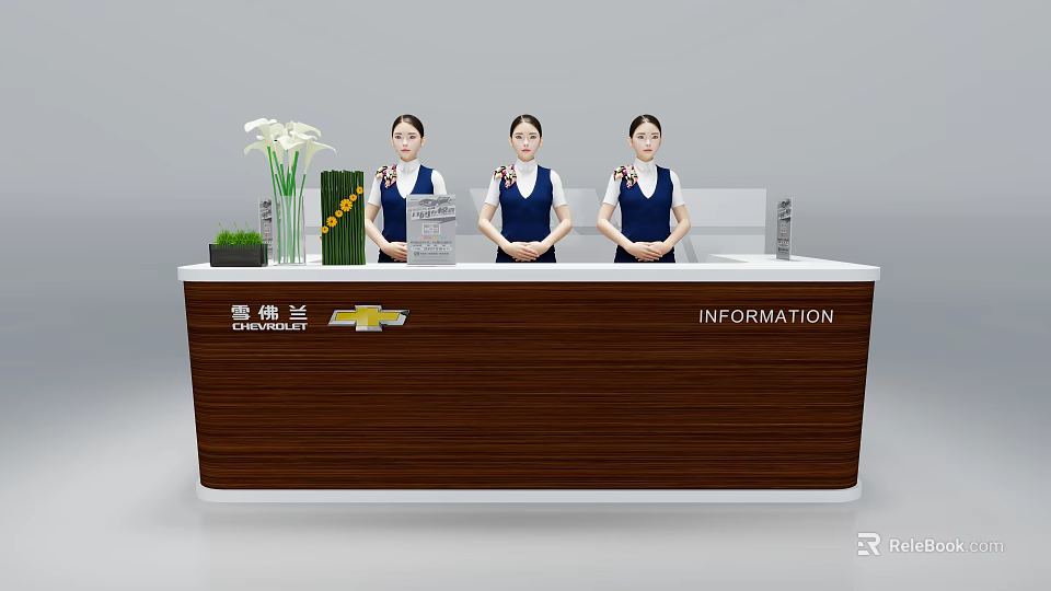 Chevrolet Information Reception Desk with Brown White Design Vase Green Plant and Staff 3d model 