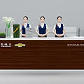 Chevrolet Information Reception Desk with Brown White Design Vase Green Plant and Staff