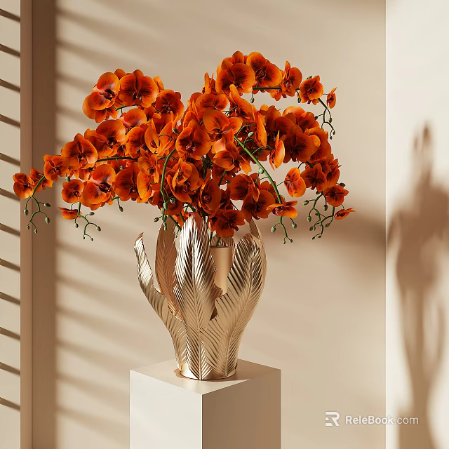 Orange Orchids Arranged In Textured Gold Vase On White Pedestal With Light Shadow Effects 3d model 