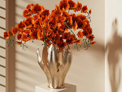Orange Orchids Arranged In Textured Gold Vase On White Pedestal With Light Shadow Effects 3d model