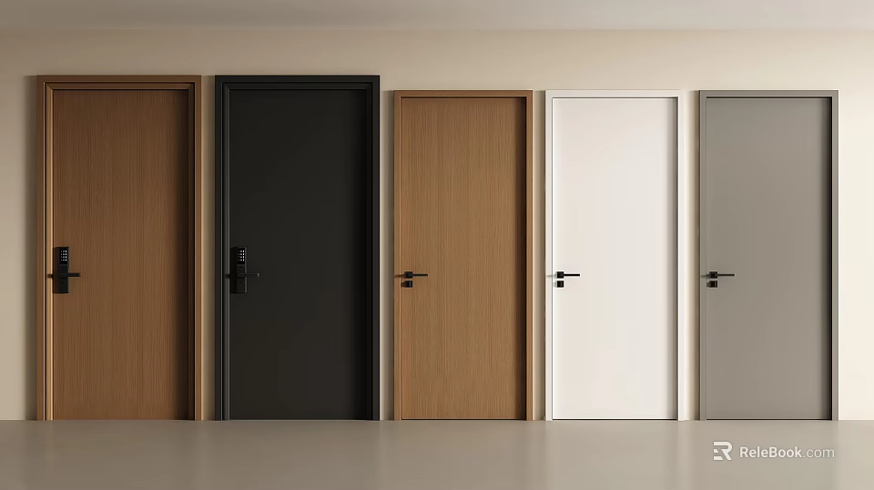 Interior Hinged Doors in Various Colors with Sleek Design and Black Handles 3d model 