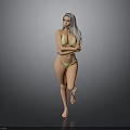 Woman in yellow bikini long white hair crossed arms one leg lifted gray black background