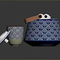 Elegant Blue And White Geometric Pattern Teapot With Orange Handle And Two Cups