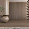 Modern Wooden Wall Paneling in Minimalist Living Space with Flooring Decorative Plant and Grid Accent