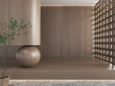 Modern Wooden Wall Paneling in Minimalist Living Space with Flooring Decorative Plant and Grid Accent 3d model