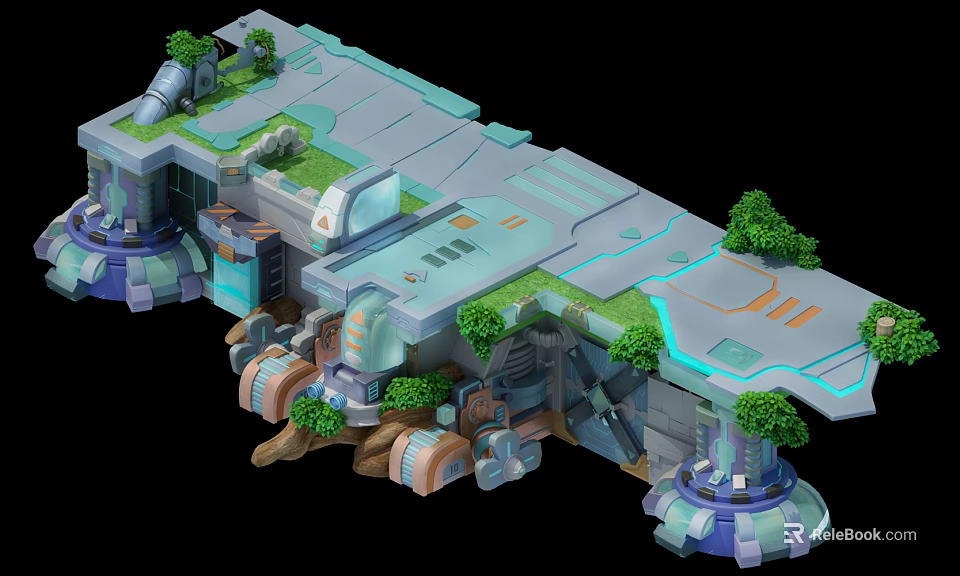 Cartoon Futuristic Platform Scene With Green Trees Grass And Tech Structures 3d model 