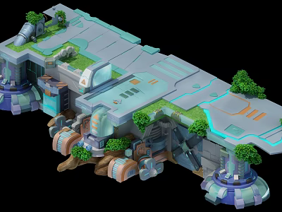 Cartoon Futuristic Platform Scene With Green Trees Grass And Tech Structures 3d model