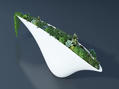 Unique White Curved Planter with Green Bonsai Potted Plants and Trailing Vines 3d model