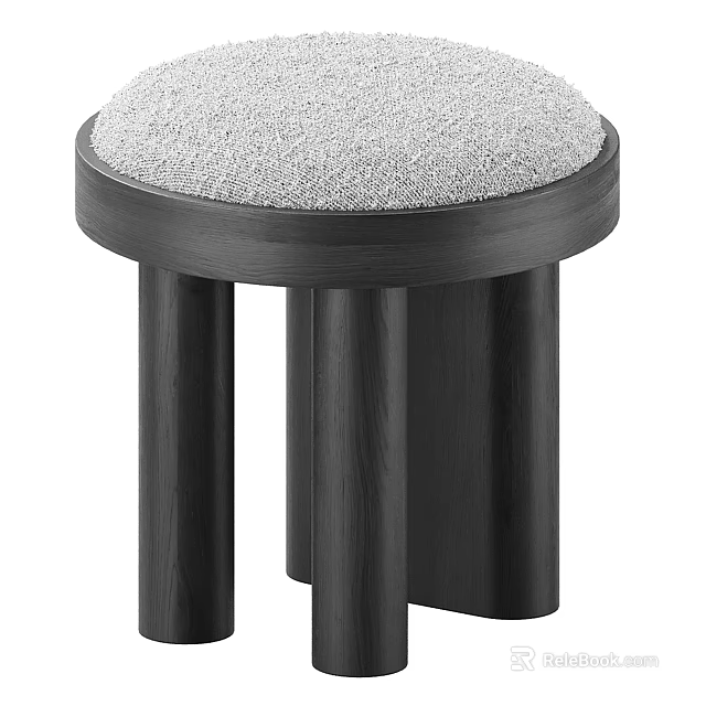 Modern Gray Padded Seat Black Wooden Stool With Cylindrical Legs Design 3d model 