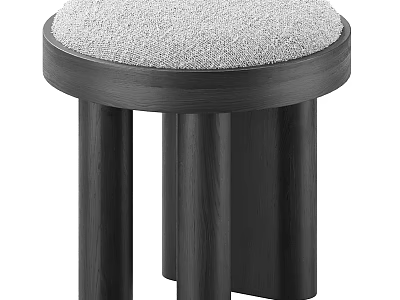 Modern Gray Padded Seat Black Wooden Stool With Cylindrical Legs Design 3d model
