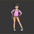 3D Girl Character Model In Pink Shirt Orange Shorts Goggles Brown Belt And White Sneakers