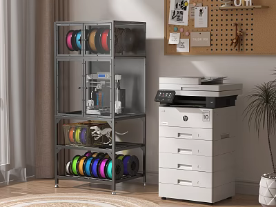 Public Office Space With Metal Shelving Colorful Storage Printer And Cork Bulletin Board 3d model