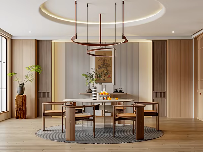 Elegant Private Dining Room Interior With Round Table Wooden Chairs Hanging Lights And Decorative Painting 3d model