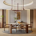 Elegant Private Dining Room Interior With Round Table Wooden Chairs Hanging Lights And Decorative Painting