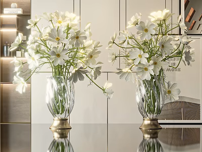 White Flowers In Glass Vases With Gold Base On Modern Reflective Tabletop 3d model
