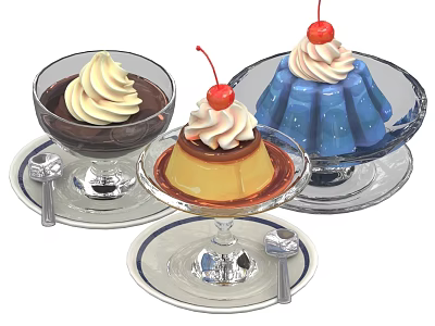 Delicious Assorted Desserts with Whipped Cream Cherries in Glass Bowls and Small Spoons 3d model